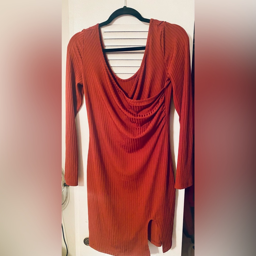 SHEIN Draped V-Neck Brown Ribbed Mini-Dress w/Side Split!